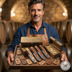 Coleção Vinhedo: Saca-Rolhas e Porta-Chaves Personalizados em Madeira Premium