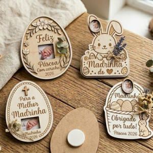 Íman de Páscoa Personalizado em Madeira com Foto e Flores Secas